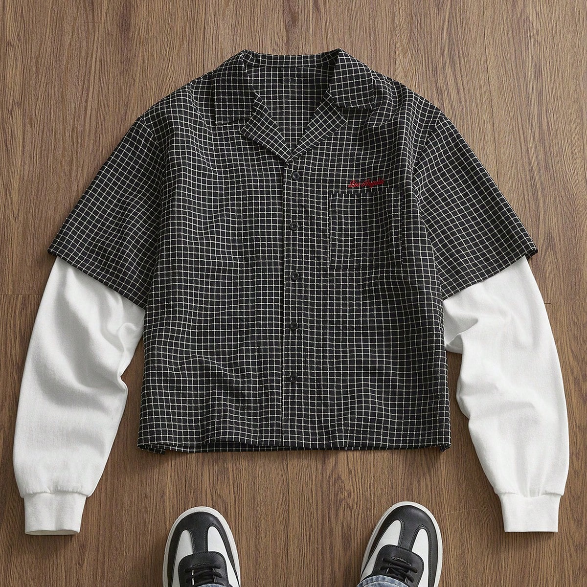 Camisa casual de manga larga con parches a cuadros para hombre