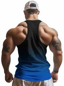 GymBeat 男士运动印花渐变色运动背心 健身上衣 透气压缩衣 - 藍色 - 查看 2