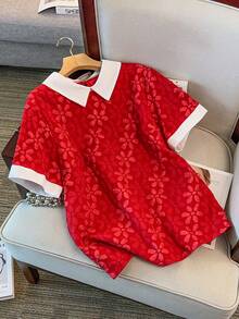 Plus Size Contrast Color Collar Short Sleeve Jacquard Print Blouse Valentine's Day - Red - View 5