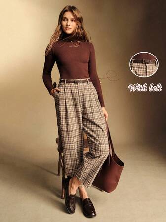 Écloséra French Retro Style Women's Trousers, Casual And Simple Style, Outdoor Commuting Style, Retro Plaid Brushed Trousers With Belt And Pockets, Carrot Style Women's Trousers, Women's Autumn And Winter Trousers, Plaid Trousers, Brown Trousers, Women's Elegant Trousers, New Year Plaid Trousers.