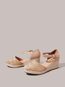 Styleloop 女式编织黄麻绳厚底坡跟凉鞋，波西米亚风格，复古美式波西米亚西部音乐节派对装 - 卡其色 - 查看 3