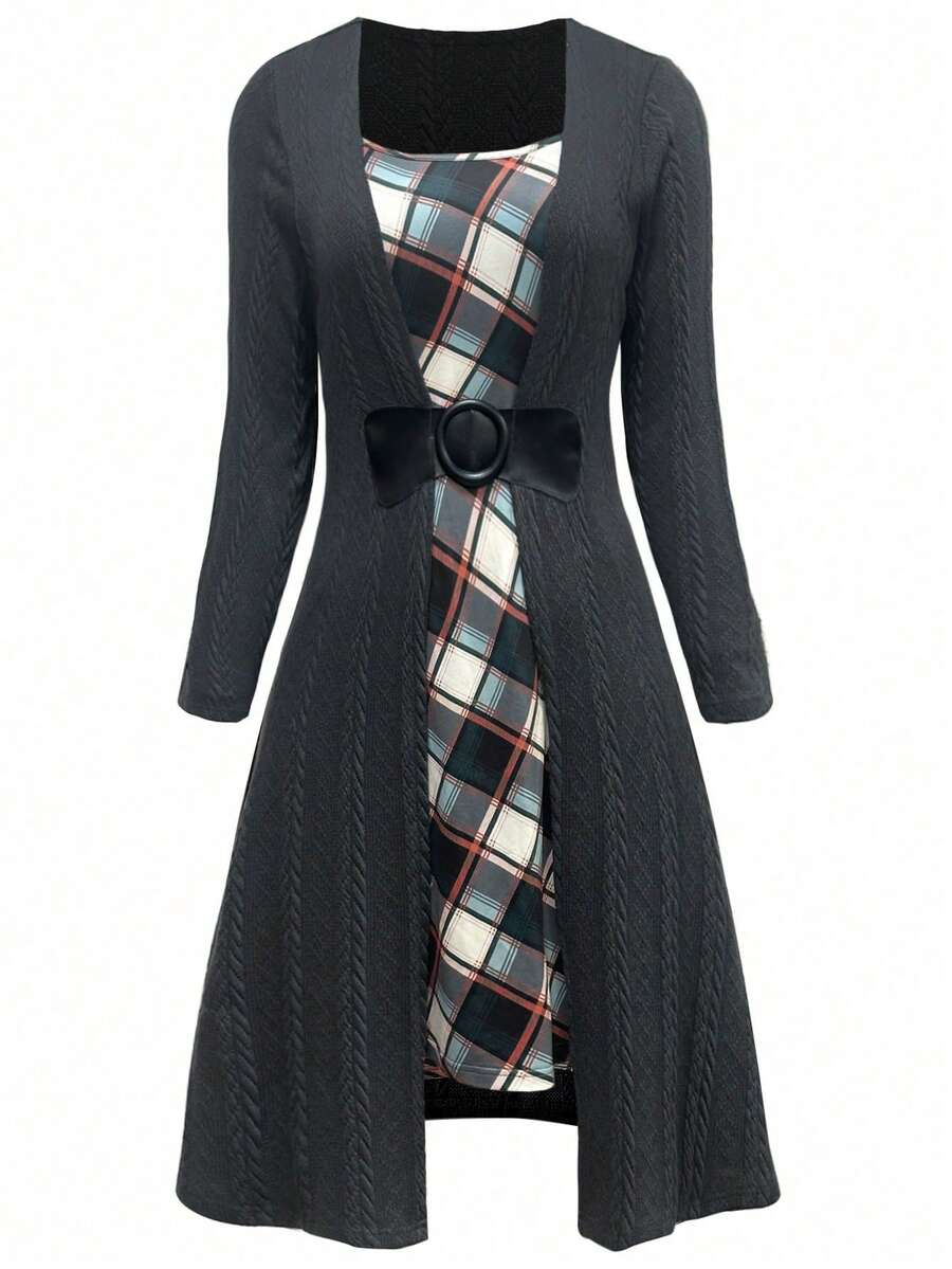 Plus Size Casual Commuter Plaid Patchwork 2 In 1 Dress - Grey - View 1