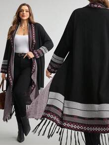 Comfylo كارديجان طويل للنساء بأكمام طويلة وهامش مزين بالشراريب، كارديجان فضفاض وكاجوال للنساء ذوات الحجم الكبير، ملابس خريفية للنساء - الأسود - مشاهدة 11