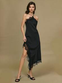 Poéselle Đầm cổ yếm ren tương phản viền bất đối xứng thanh lịch dành cho nữ - màu đen - Xem 6