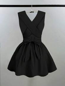 Franclia 女士浪漫优雅性感婚礼宾客纯色交叉 V 领无袖 A 字迷你连衣裙，演唱会服装百搭设计，适合海滩、派对、春夏口袋晚礼服露背奶油黄短裙 - 黑色 - 查看 2