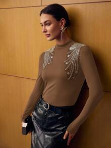 MOTF PREMIUM WOMEN'S LONG SLEEVE SEQUIN BEADED EMBROIDERED BASE LAYER T-SHIRT - Brown - View 6