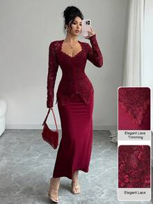 Modelyn Đầm ôm body midi cổ vuông phối ren, thắt nút eo dành cho nữ - Màu Đỏ Sâu - Xem 5