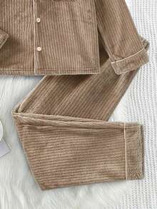 2件套 男童海军蓝长袖毛绒开衫和长裤 舒适家居服 儿童睡衣套装 男女通用 翻领长款睡衣套装 - 棕色 - 查看 5