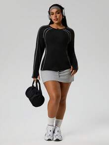 SHEIN Sports Plus Size Women's Raglan Sleeve Round Neck Sports T-Shirt - Black - View 6