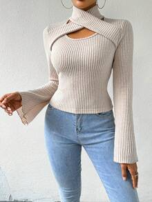 Lumivelle Autumn Fashion Solid Color Stand Collar Criss-Cross Hollow Out Flare Sleeve T-Shirt - Apricot - View 6