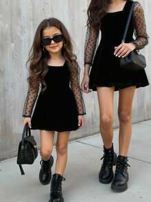 Firerie Kids 年轻女孩优雅提花网眼泡泡袖方领黑色天鹅绒连衣裙