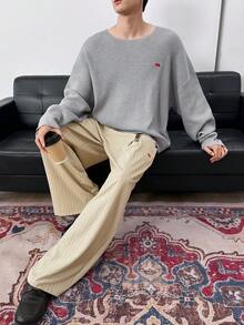 Manfinity BRENVOR Men's Oversized Crew Neck Drop Shoulder Long Sleeve Loose Pullover Waffle Knit Sweater, For Spring - Grey - View 5