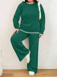EURMUSE Color Block Edged Long Sleeve Sweater And Knitted Pants Two Pieces Set - Green - View 5