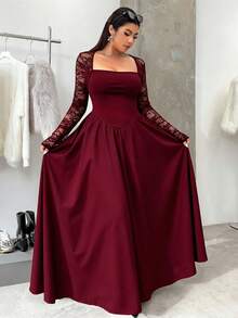 SHEIN EZwear 大码女式方领撞色蕾丝长袖优雅连衣裙 - 酒紅色 - 查看 3
