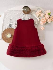 Glamorique Kids 女婴可爱汽车装饰蝴蝶结荷叶边下摆褶皱粉色网纱针织无袖连衣裙，韩版，夏季