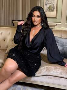 NU&NOW Plus Size Women's Two Pieces Set: A Satin Draped Collar Long-Sleeved Top Paired With A Feather Sequined Mini Skirt, Suitable For Occasions Such As New Year's, Banquets, Parties, And Wedding Guests. - Black - View 7