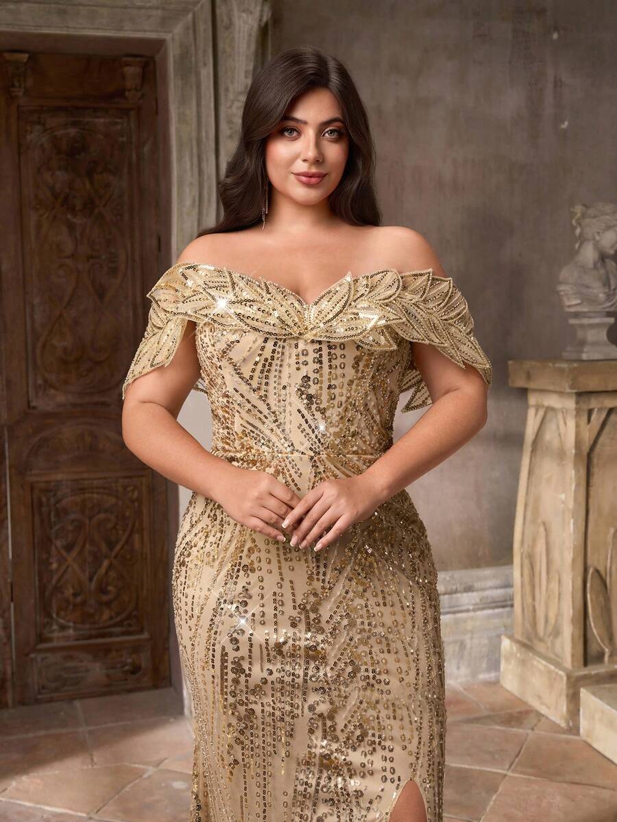 Glamrae Váy trễ vai sang trọng thanh lịch cỡ lớn có viền đính sequin, váy đuôi cá xẻ tà có đuôi, phù hợp cho đám cưới, tiệc tùng, sự kiện độc thân, kỳ nghỉ, dạ hội, dịp trang trọng (được tô điểm nhiều), váy dự tiệc cưới, váy dạ hội