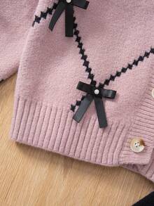 SHEIN 2pcs Set: Bowknot Pearl Embellished Drop Shoulder Sweater & Solid Black Wide Leg Pants, Princess Seam, Suitable For Daily Wear, Back To School, Casual Occasions, Autumn/Winter Girls Sweater Sets Girls Winter Outfit Sets Girl Knit Set Kids Two Piece Sets Twenn Girl Clothes Set Girls Knit Set - Purple - View 6