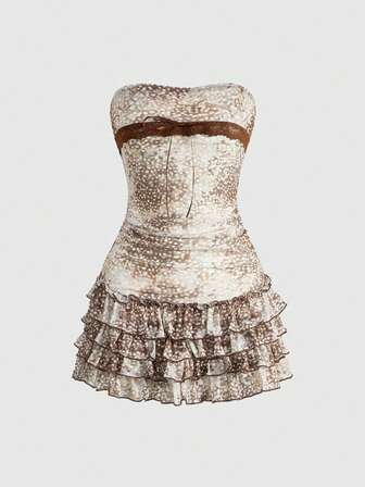 Kawaii Y2K Abby Hot Girl mehrlagiges Tüll Rüschen Saum Rehprintkleid mit Trägerhemd