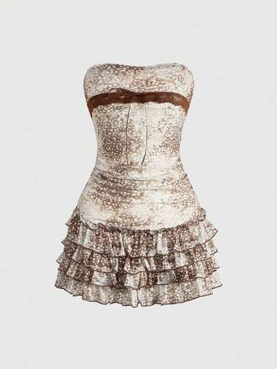 Kawaii Y2K Abby Hot Girl Multilayer Tulle Ruffle Hem Fawn Print Mini Camisole Dress