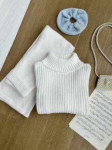 SHEIN 2pcs/Set Girls Sweater Set, Fashionable Turtleneck Cropped White Sweater Paired With Matching Straight Leg Sweater Pants, Regular Thickness, Neat Hemline And Cuffs, Casual Sporty Style, Soft Skin-Friendly Smooth And Durable Knit Set, Suitable For Daily Wear, School, Shopping, Workout, Home In Autumn/Winter White 2 Piece Girl Set Girl Knit Set Girls Coord Sets Tween Matching Set Knit - White - View 5