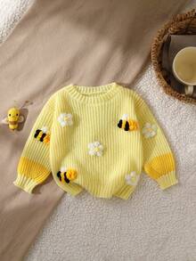 SHEIN 1件女婴毛衣，简约圆领，饰有可爱的3D花朵和蜜蜂图案，亮黄色，厚度适中，下摆和袖口整齐，柔软舒适，适合日常穿着，室内外活动皆宜，秋冬季婴儿针织衫，蜜蜂图案，女婴冬季毛衣 - 黃色 - 查看 1