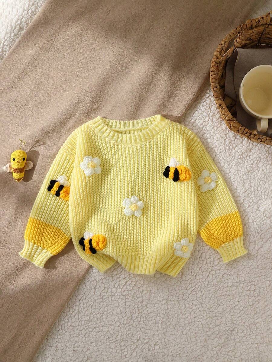 SHEIN 1件女婴毛衣，简约圆领，饰有可爱的3D花朵和蜜蜂图案，亮黄色，厚度适中，下摆和袖口整齐，柔软舒适，适合日常穿着，室内外活动皆宜，秋冬季婴儿针织衫，蜜蜂图案，女婴冬季毛衣 - 黃色 - 查看 1