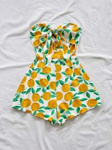 Soleia Fruit Pattern Vacation Outfits For Women Beach Outfits For Women Women's Vacation Spring/Summer Carnival Cruise Resort Blue Watercolor Silhouette Print Twist Front Backless Romper, Loose Fit, Suitable For Party, Date, Valentine's Day, Layering - Multicolor - View 3