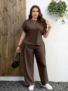 EMERY ROSE 2pcs/Set Casual Solid Brown Color Outfit, Suitable For Christmas, New Year, Autumn/Winter - Brown - View 6