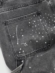 ROMWE MEN Street Life Men's Fashion Shiny Pocket Decor Casual Street Wear Rhinestone Embellished Jeans - Grey - View 5