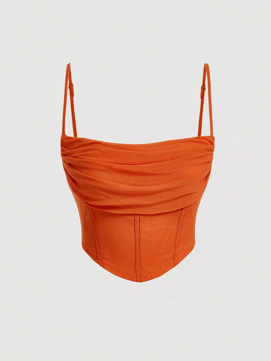 SHEIN MOD Áo hai dây xếp ly thời trang Y2K trơn màu dành cho nữ - trái cam - Xem 1