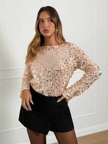 Siren Gaze Women's Sequin Boat Neck Long Sleeve Loose Top,Sparkly Gold Bling Top,New Year Elegant Party,Polka Dot Black And White,Autumn,Seductive,Night Out - Silver - View 3