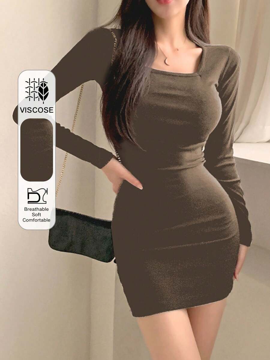 DAZY Women Square Neck Long Sleeve Solid Color Casual Mini Dress Sundress - Brown - View 1