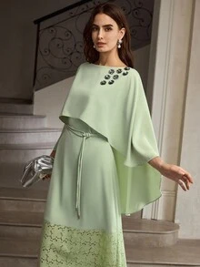 ZEYLAH New Elegant Women Lace Patchwork Hem Dress - Green - View 6