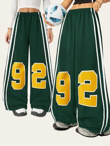 SHEIN Explorewe Casuvi Mädchen Tween Lässige Loose Fit Numerisch Streifenmuster Hose, geeignet für verschiedene Kombinationen, passend für den täglichen Lässig-Stil, Pendeln, Urlaub, Party im Frühling und Herbst