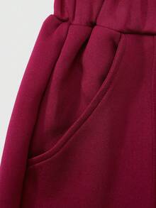 SHEIN Explorewe 2pcs/Set Tween Girls' Burgundy Baseball Collar Cardigan,Embroidered Letter Graphic,Button Closure,Large Pockets,Crease Pants,Autumn Casual School - Burgundy - View 5