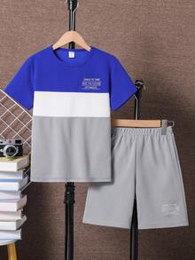 SHEIN Fantacosmos 2pcs Tween Boy Summer Casual Colorblock Slogan Print T-Shirt And Shorts Set - Blue - View 7