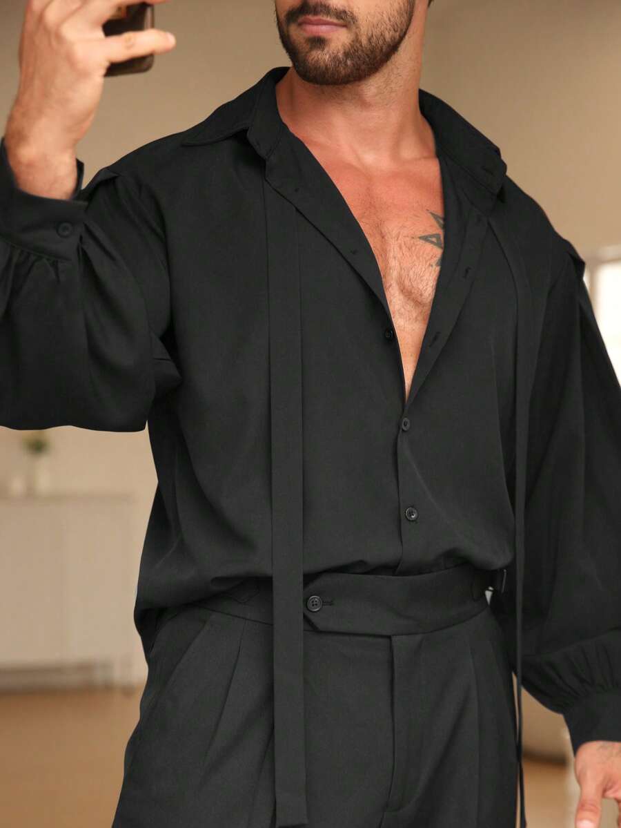 Manfinity AFTRDRK Men's Black Long Sleeve Single-Breasted Casual Loose Shirt Black Collar Shirt Mens Wedding Shirt Men Black Sexy Top Men Black Dress Shirt Acnotic Men S Turndown Collar Shirt