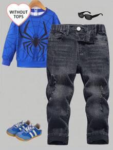 Jungen Allround Lässig + Schwarze verwaschen Slim Fit einfache vielseitige tägliche bequeme Stretch Jeans, ein Muss-haben Artikel für modische Kleine Jungen Lässig modische abgenutzte zerrissene bequeme Elastikbund passende dunkelgraue Jeans, geeignet für den täglichen Gebrauch, 2024 Neuankömmling Chic für Herbst/Winter Weihnachten - Schwarz - Übersicht 9