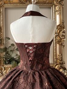 Lovelzi 优雅浪漫的酒红色提花面料露背吊带长袖A字连衣裙，适合毕业典礼、学校开学典礼、音乐节、生日派对、婚礼、下午茶聚会、舞会等场合。 - 咖啡棕 - 查看 8