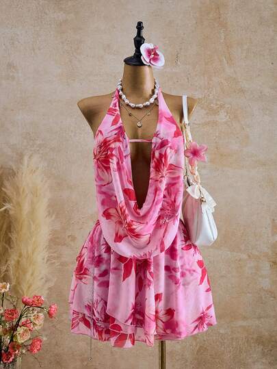 Bellisia Beach Outfits For Women Women's Tie-Dye Lily Flower Colorful Ruffled Draped Neck Dress Women's Beach Fashion  Floral Dress For Women Party Beautiful Back Pink Dress