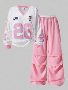 SHEIN ChillGRL Streecool 儿童休闲校园少女印花拼接条纹长袖上衣和工装裤两件套 - 粉色 - 查看 3