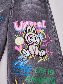 SHEIN ChillGRL Tween Girls' Cute Cartoon Rabbit Print Wide Leg Pants - Dark Grey - View 6