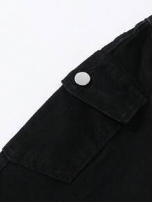 SHEIN ChillGRL 年轻女孩休闲多口袋弹性腰部黑色洗水牛仔喇叭牛仔裤