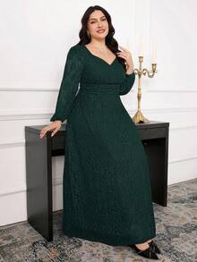 Modelyn Plus Size Women Sweetheart Neck Lace Lantern Sleeve Ruched Waist Elegant Dress Fall - Dark Green - View 4