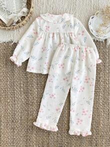 SHEIN X GALILEA 2 piezas Conjunto de pijama cómodo con top de manga larga y pantalones con estampado floral elegante para niñas jóvenes - Rosa - Ver 2