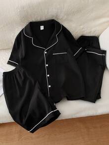 Teen Boys Pajamas-2 Piece Pajama Set Black Piped Collar Long Sleeve Button Top With Chest Pocket Elastic Waist Straight Long Pants Home Sleepwear Four Seasons 2026 New Year Holiday Essential Casual Minimalist