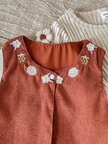 SHEIN 两件套女婴复古套装：圆领长袖针织连衣裙+背心，草莓花刺绣罗纹连衣裙搭配卡其色/棕色灯芯绒短款背心，适合春秋季休闲穿着 - 杏色 - 查看 6