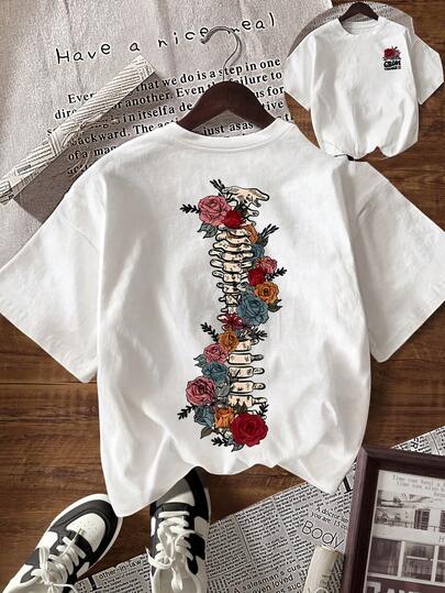 Women's Casual Floral & Spine Graphic Print Round Neck Short Sleeve T-Shirt, Summer