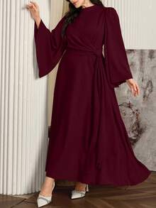 Modelyn رمضان فستان طويل أنيق للمرأة بحجم كبير مع طوق عالي وشال متدفق، أحمر غامق - عنابي اللون - مشاهدة 4